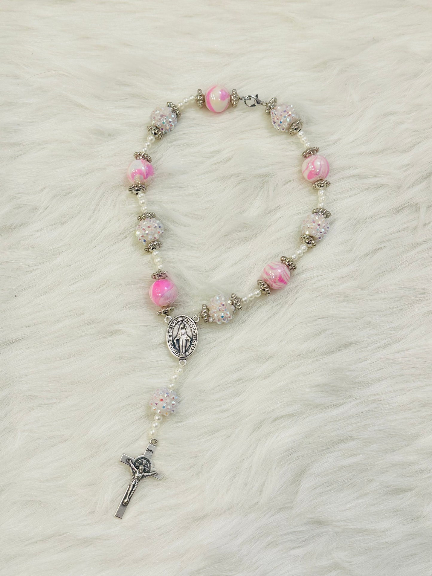 White Pink Car Rosary